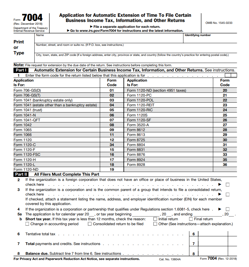 IRS Form 7004