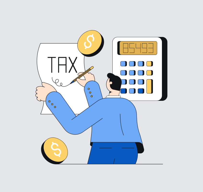Illustration of a person filling out a tax form with a calculator in the background. The person is wearing a blue shirt and is against a solid gray background.