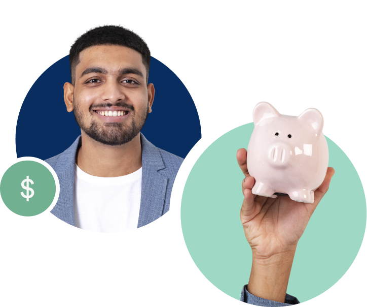 Two bubbles, one with a person's face and another with a piggy bank.