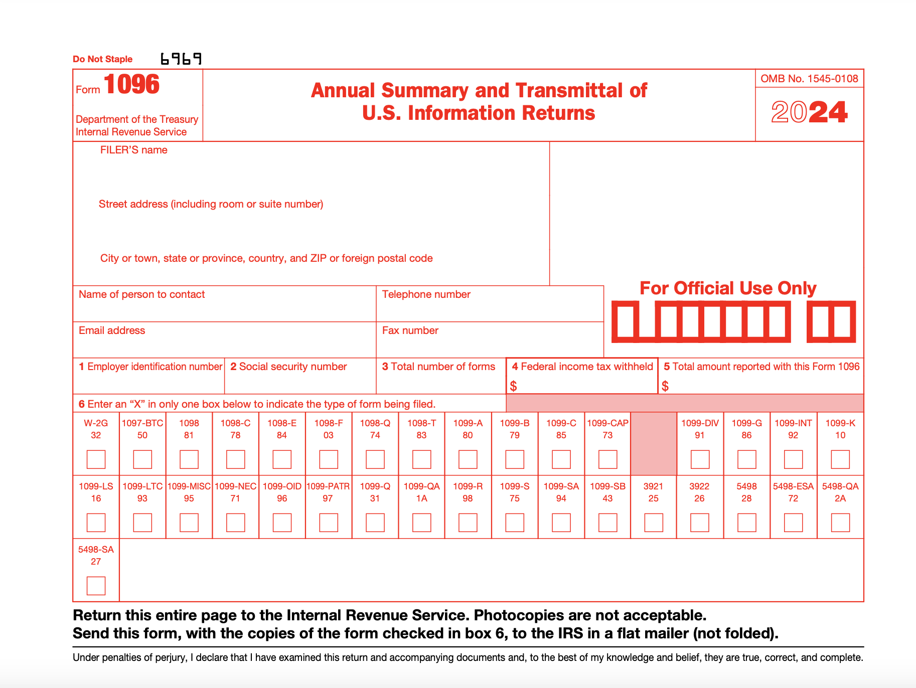 IRS Form 1096 for 2024 tax year