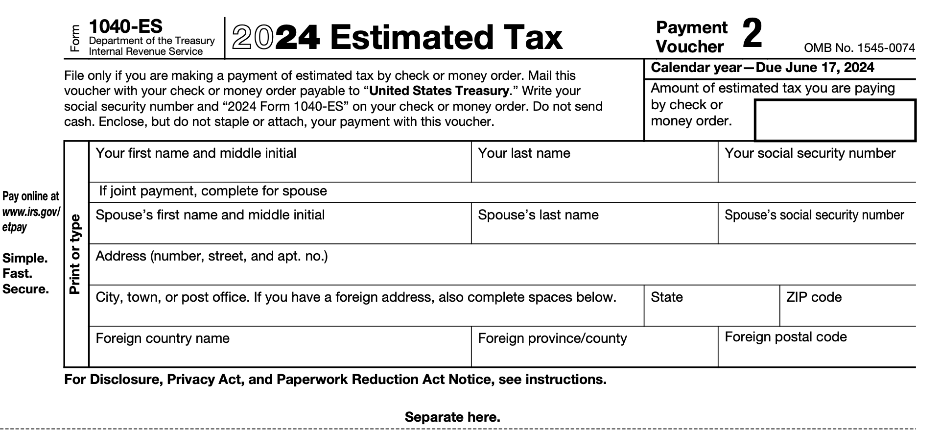 IRS Form 1040-ES payment voucher 2 for 2024