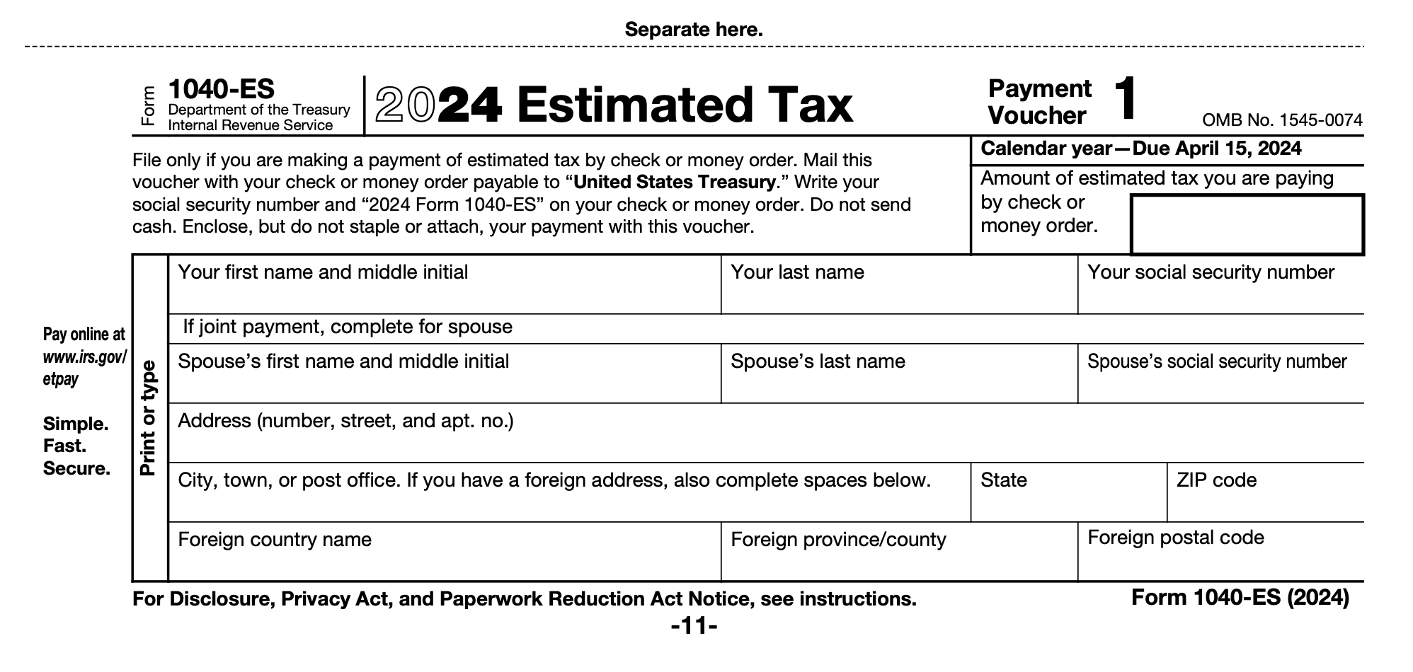IRS Form 1040-ES payment voucher 1 for 2024