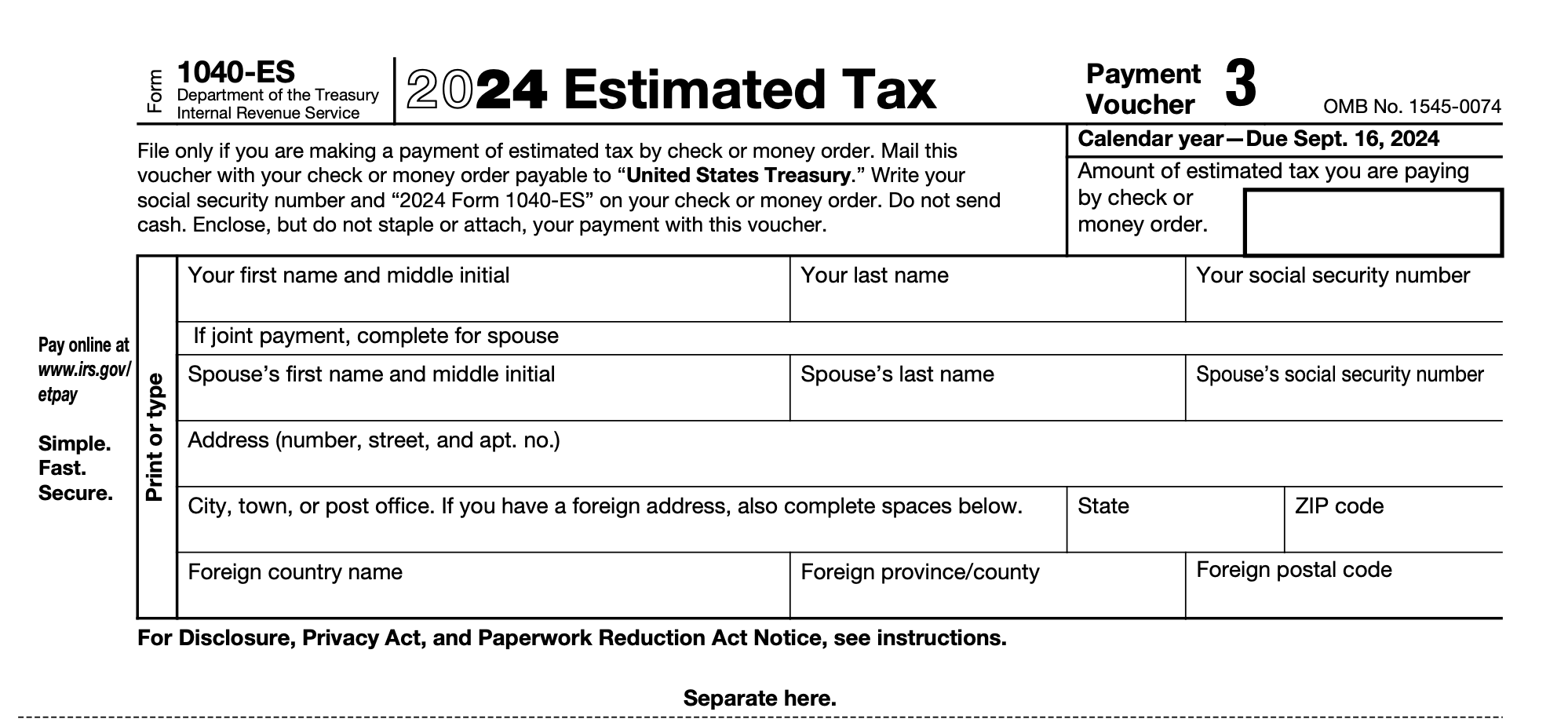 IRS Form 1040-ES payment voucher 3 for 2024