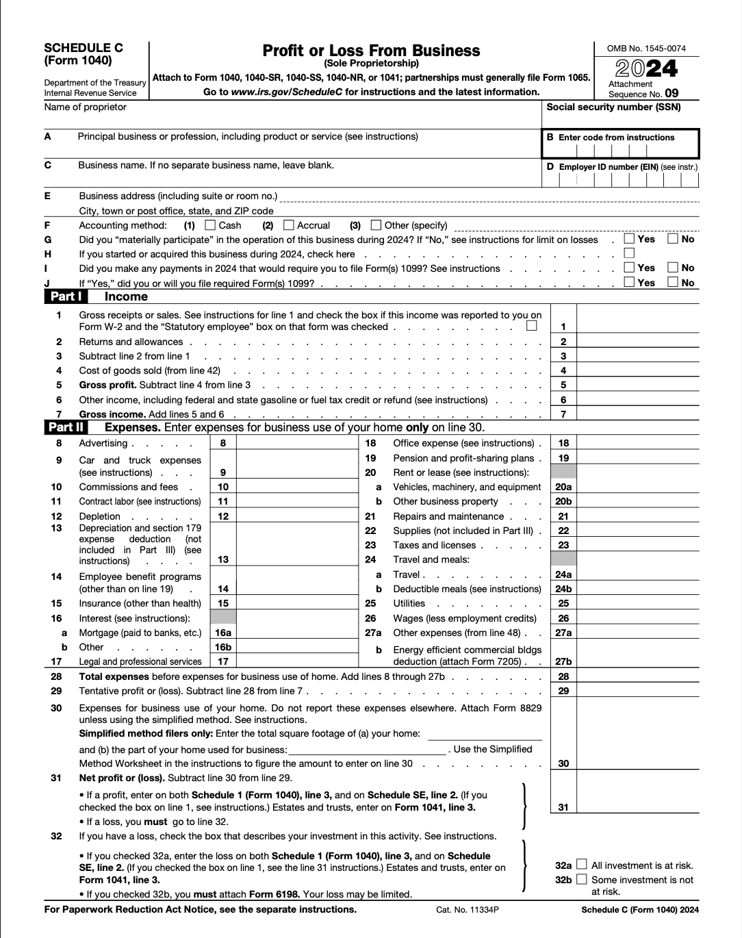 A photo showing what Schedule C Form 1040 looks like and followed by instructions on how to fill it out. 
