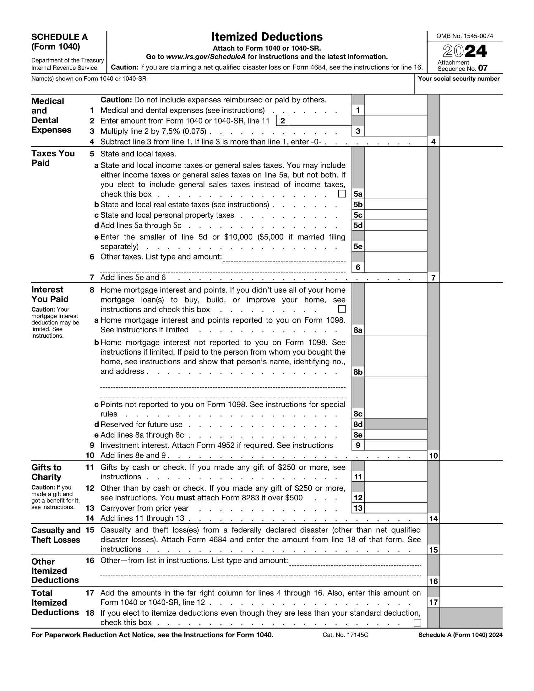 2024 version of Schedule A for IRS Form 1040