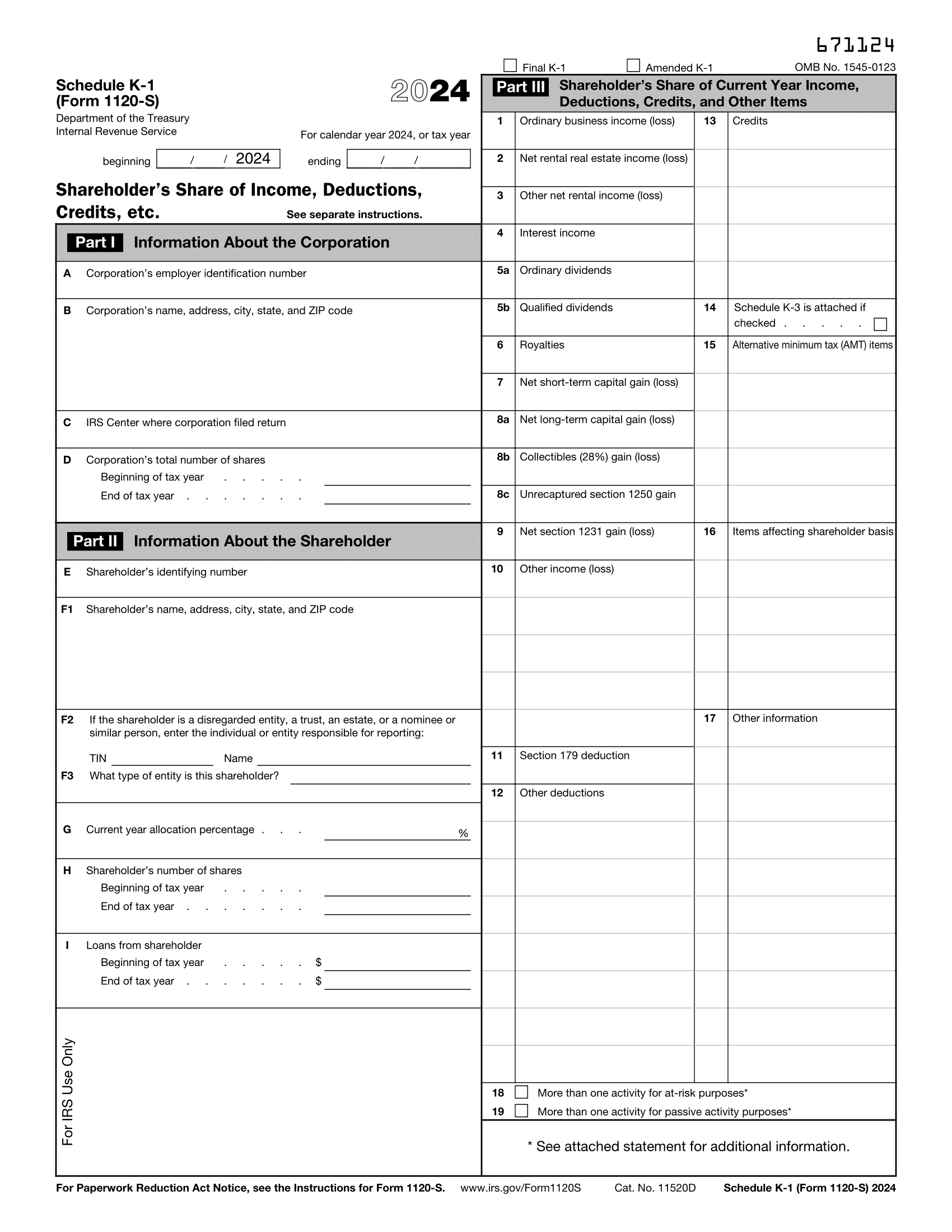 2024 version of Schedule K-1 for IRS Form 1120-S